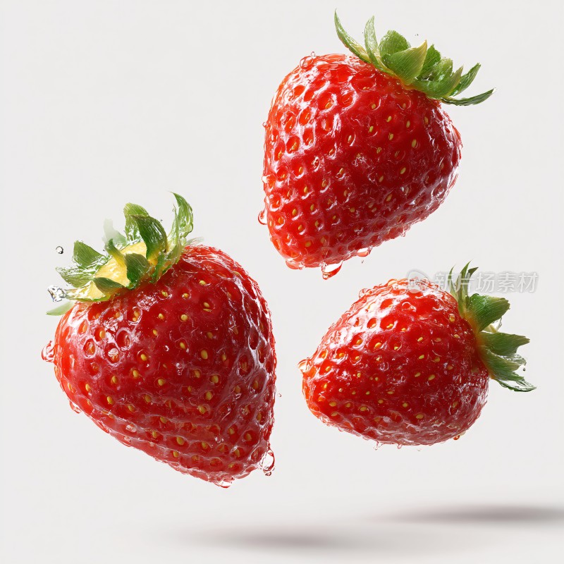 三颗新鲜草莓空中飞舞
