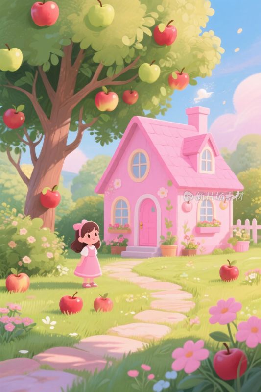 童话粉色小屋与女孩插画