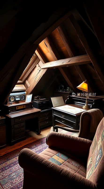 阁楼书房木质家具与地毯营造温馨氛围
