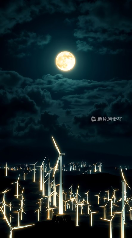 风车林立夜色中明月高悬照大地