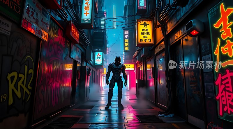 霓虹灯下的机器人探索者