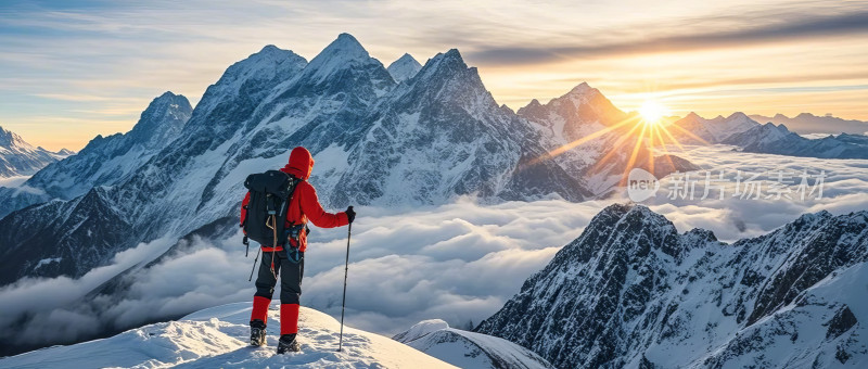 冬季高山滑雪运动员登顶励志人物剪影图