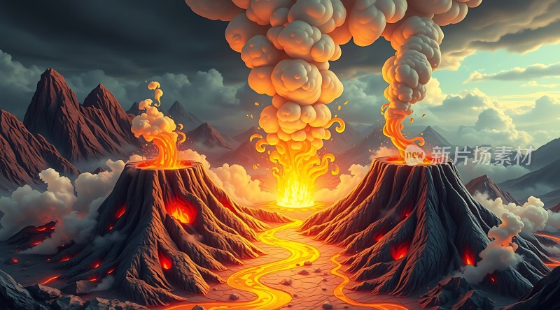 火山爆发熔岩与烟雾交织的自然奇观