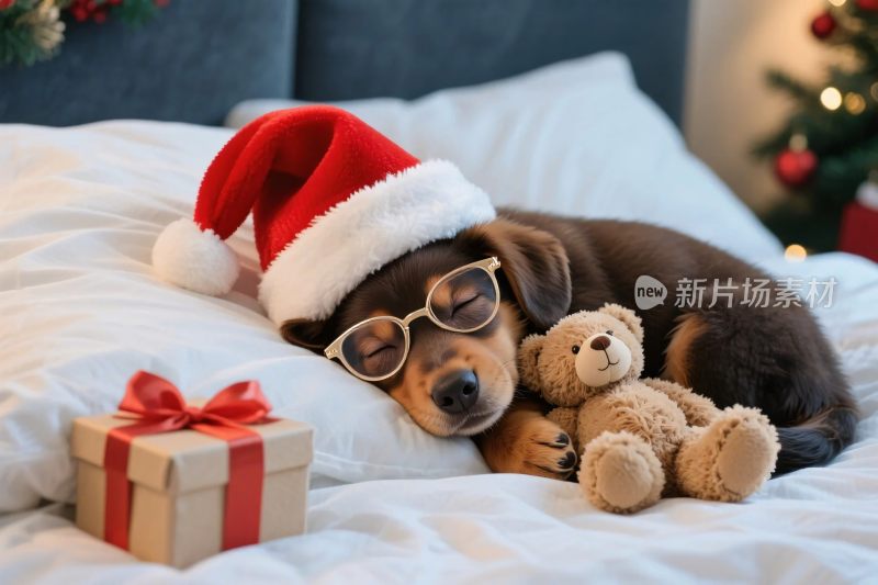 戴圣诞帽的小狗温馨图