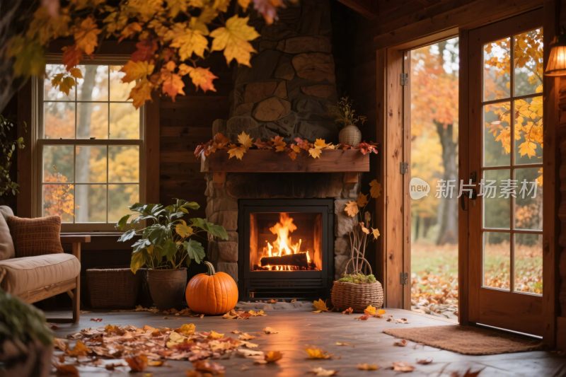 温馨秋季室内壁炉场景