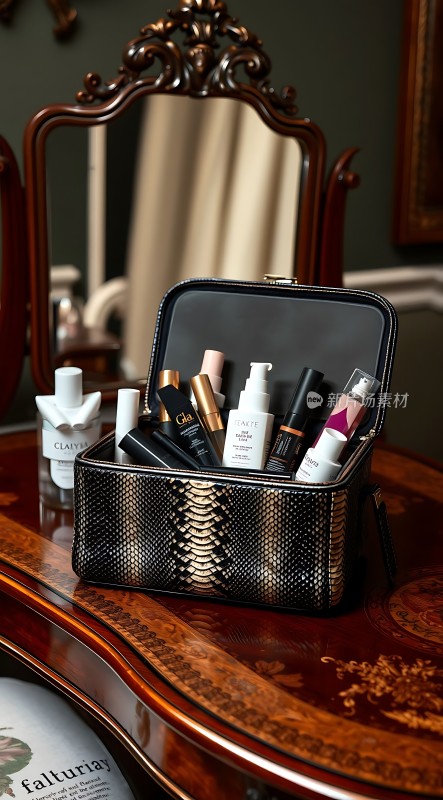 复古梳妆台上的精致化妆品盒