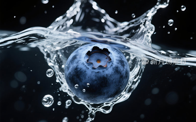 新鲜的蓝莓掉入水中