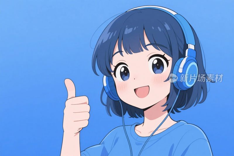 卡通女孩戴耳机点赞