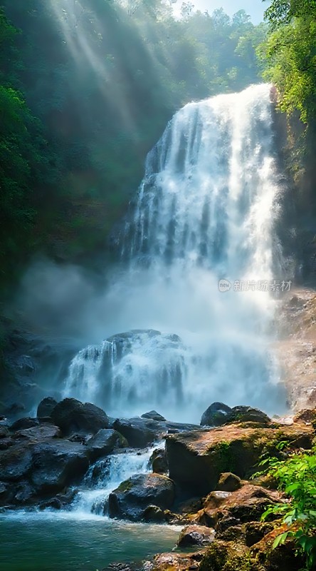 阳光下的瀑布绿林间