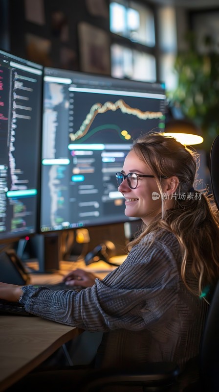 专注工作的程序员电脑屏幕上的代码和图表令人印象深刻