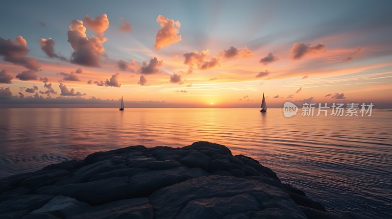 日落帆影映波光海天一色宁静美