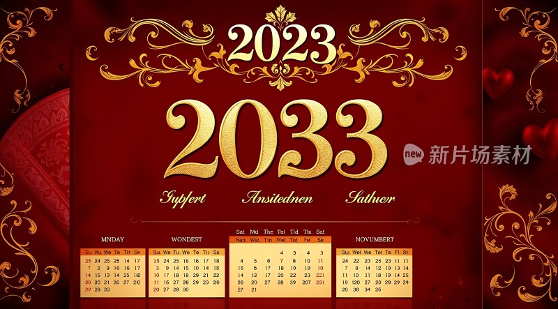 2023年日历金色数字与红色背景相映成趣