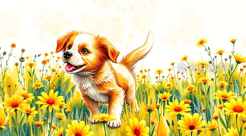 阳光下的快乐小狗在花丛中奔跑