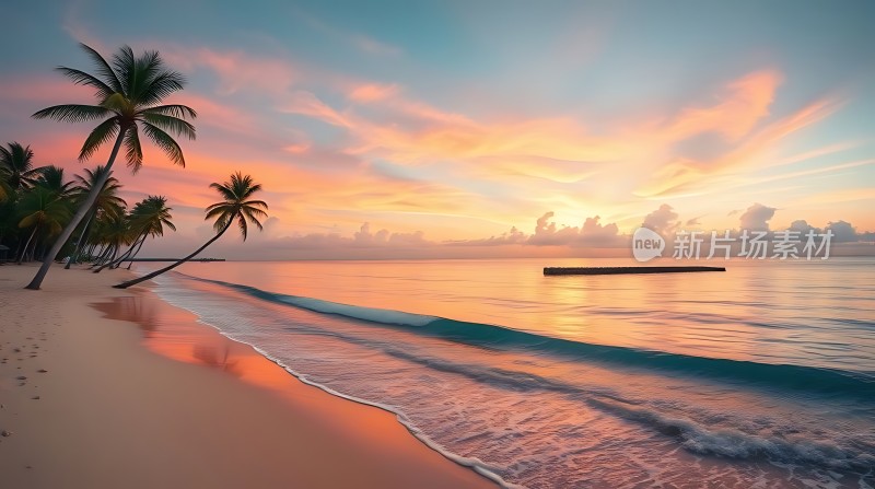 椰林晚霞映碧波