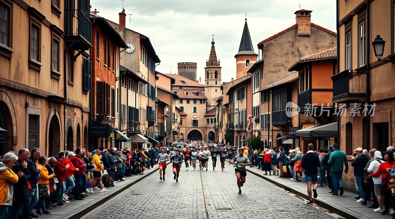 城市马拉松赛观众围观建筑风格独特