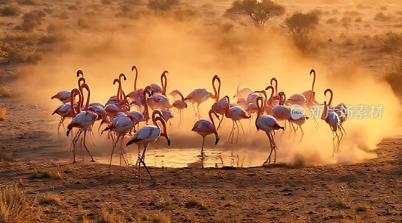 火红夕阳映照下一群火烈鸟在尘土飞扬的水坑边嬉戏