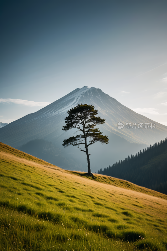 在草山上一棵孤树高山清风景图片