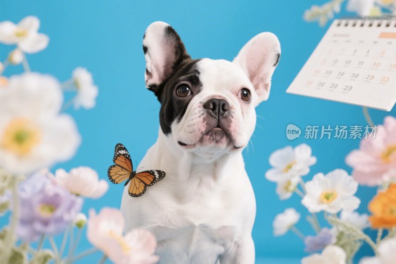 可爱小狗与蝴蝶花朵