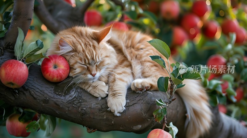 橘猫枕红苹果悠闲睡在树枝上