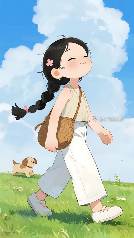 阳光下的快乐女孩与可爱小狗