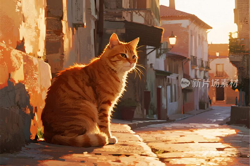 橘猫老巷夕阳图