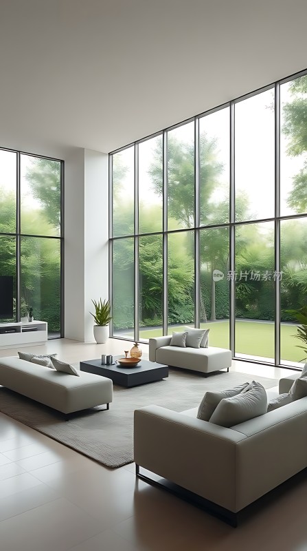 现代简约客厅宽敞明亮绿意盎然