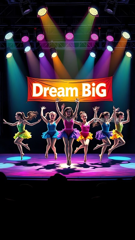 舞台上的舞者与“Dream Big”横幅