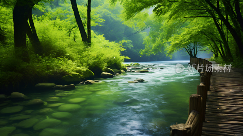 森林溪流小径风景树林河流小溪绿水青山唯美