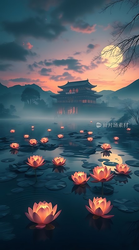 湖畔古亭映月夜荷花轻舞梦如幻