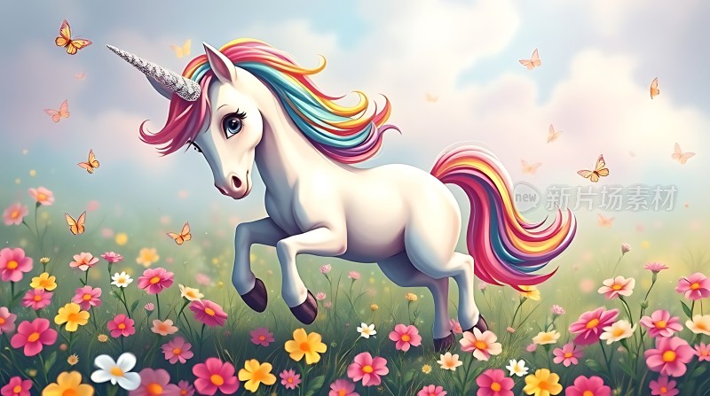 彩虹独角兽在花丛中奔跑