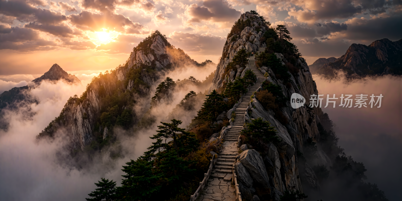 壮观的华山栈道夕阳云海