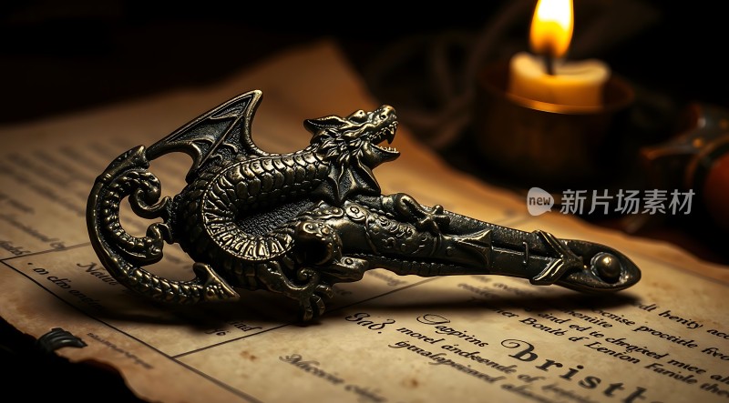 龙形古董武器与烛光下的古老文献