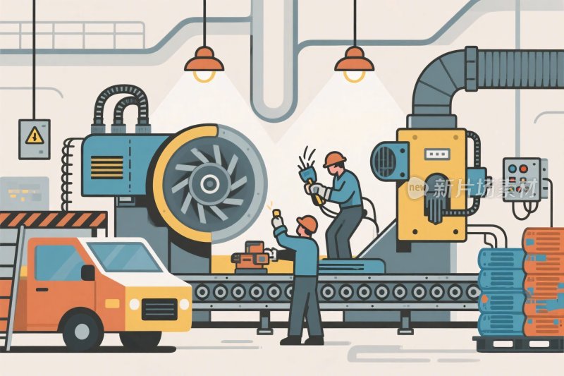 工厂内工人操作机器场景