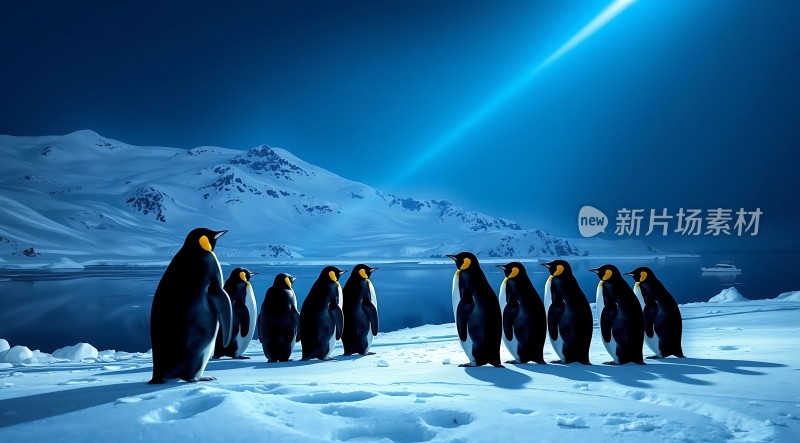 南极企鹅群聚雪地美景