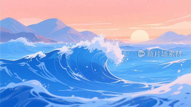 海边日落时的汹涌海浪