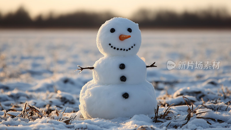 空阔的郊外雪地上的小雪人