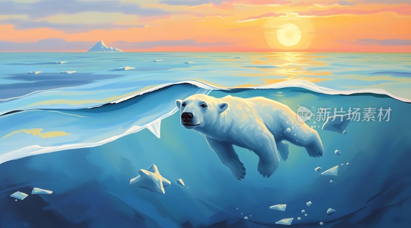 北极熊潜泳日落