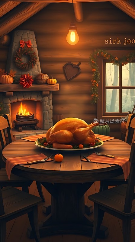 温馨壁炉旁的感恩节盛宴