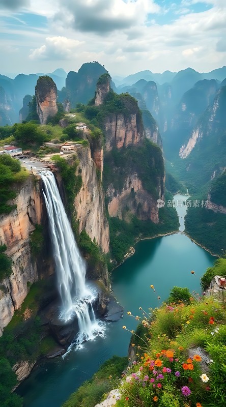 瀑布飞流直下碧波荡漾群山环绕景色宜人