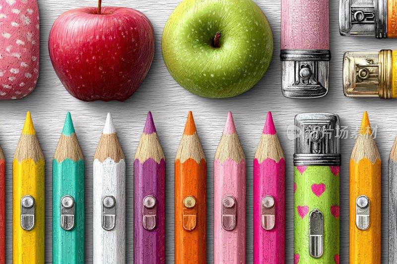 多彩文具与水果排列画面