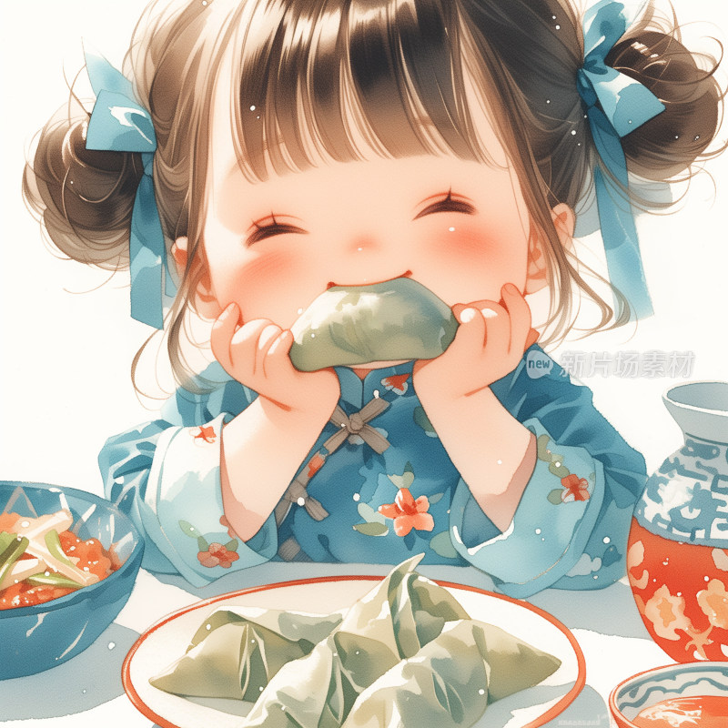 古风手绘插画 可爱小女孩吃粽子 端午节美食