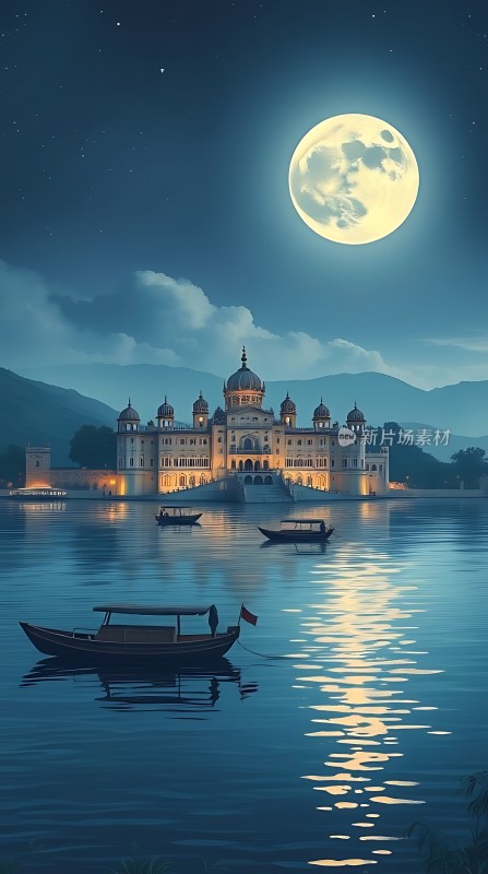 湖畔城堡夜月映照