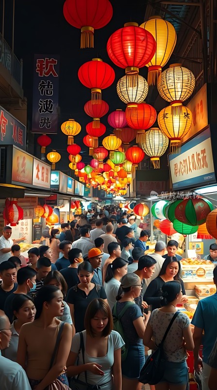 夜市繁华灯笼高悬人潮涌动热闹非凡