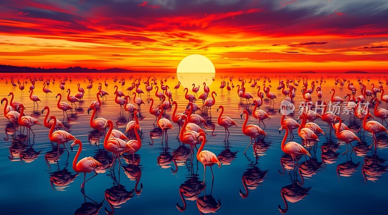 火红夕阳映照下的火烈鸟群