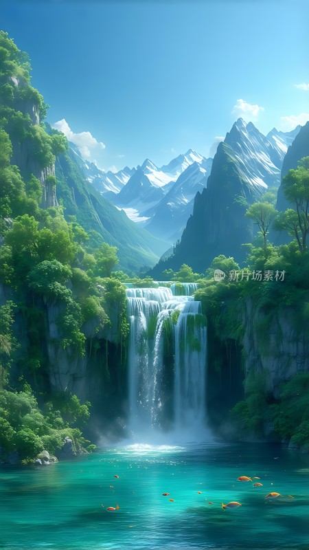 碧波荡漾瀑布飞流直下群山环绕绿意盎然