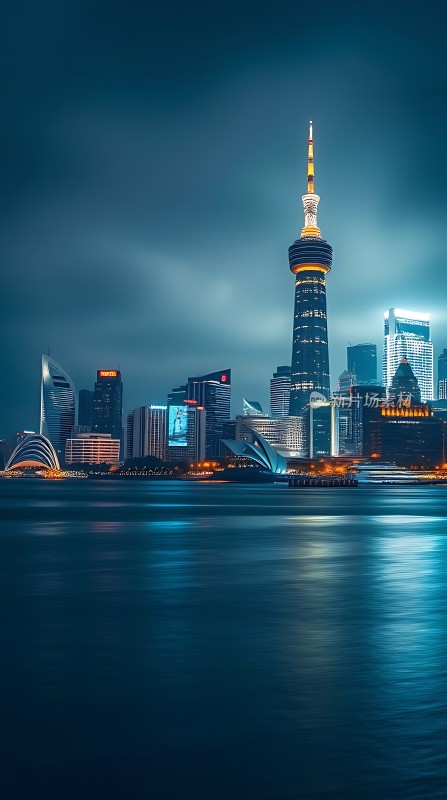 上海夜景东方明珠塔与黄浦江畔摩天大楼