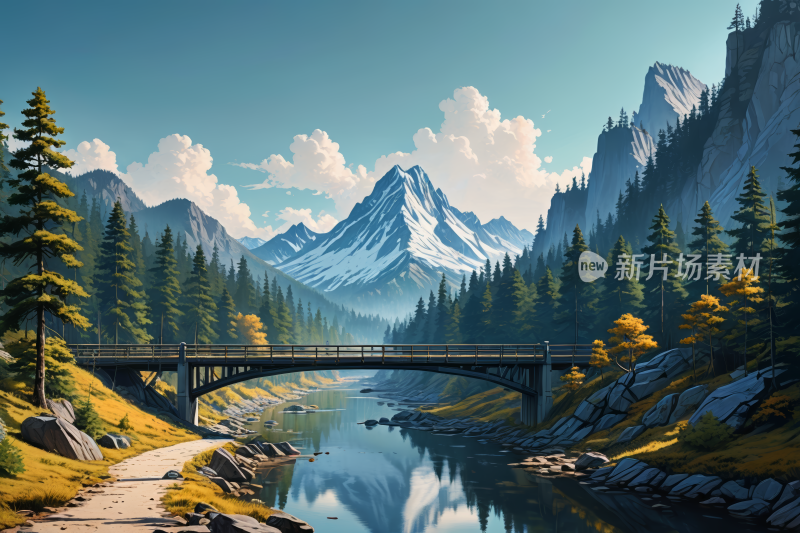 一座河上的桥一座高山清风景插画图片