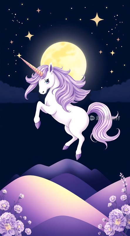 紫色独角兽跃月夜空