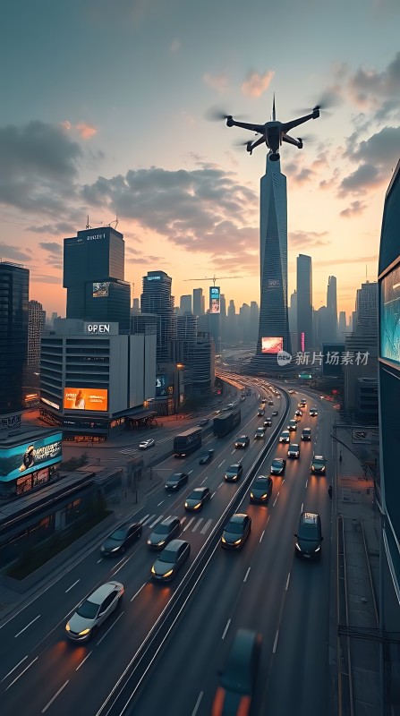 未来之城无人机与摩天大楼共舞