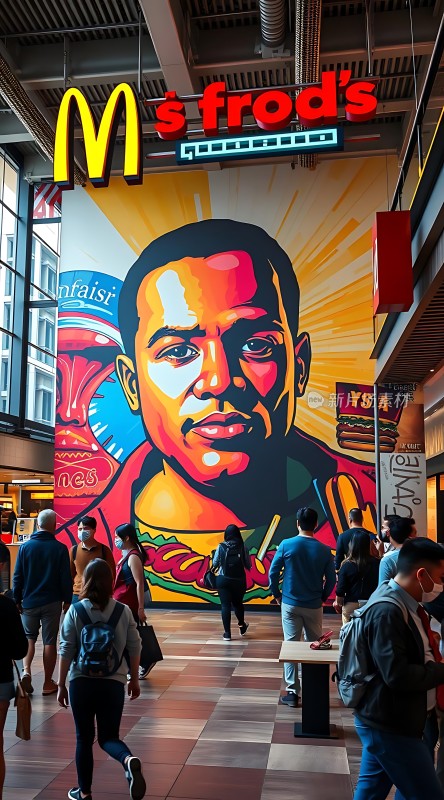 麦当劳新店开业色彩鲜艳的广告牌吸引众多顾客前来品尝美食